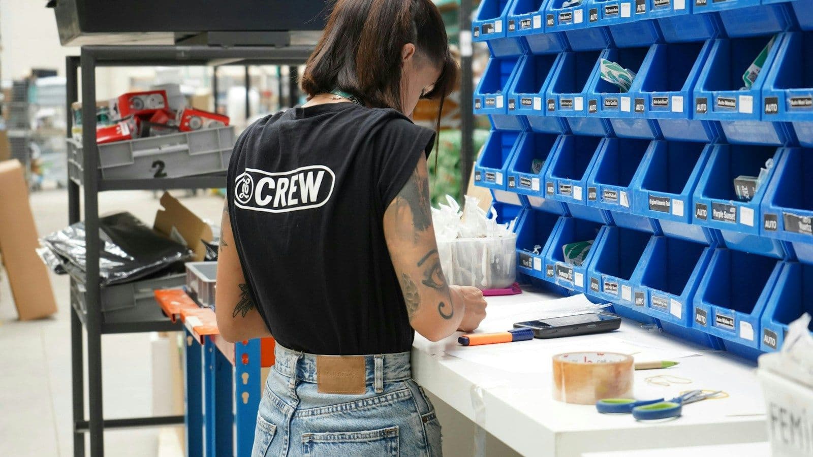 Medewerker maakt een order klaar aan een inpaktafel naast rekken met bakken